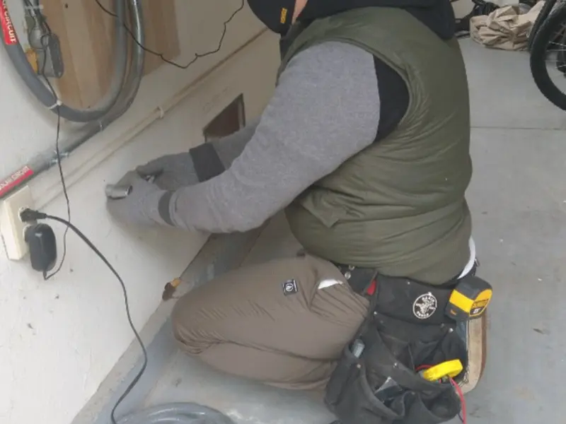 Electrician performing outlet wiring in a Red Springs garage